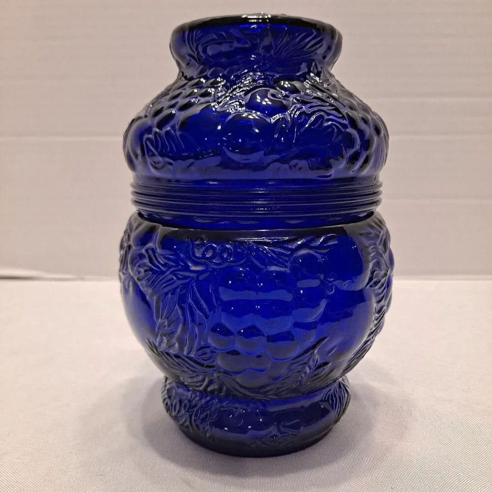 Antique Cobalt Blue Candy Canister Jar Fruit Motif 7